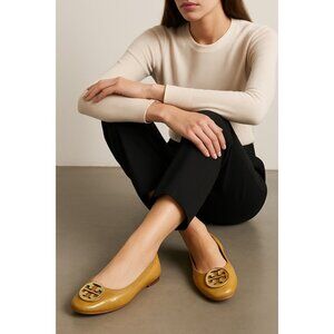 Tory Burch Minnie Mustard Yellow Patent Leather Ballet Flats Gold Logo 41EU/10.5